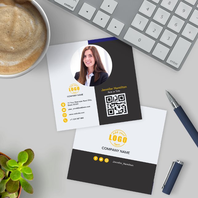 Carte De Visite Carré Professional Grey Yellow ajoutez votre photo QR Co (Créateur téléchargé)