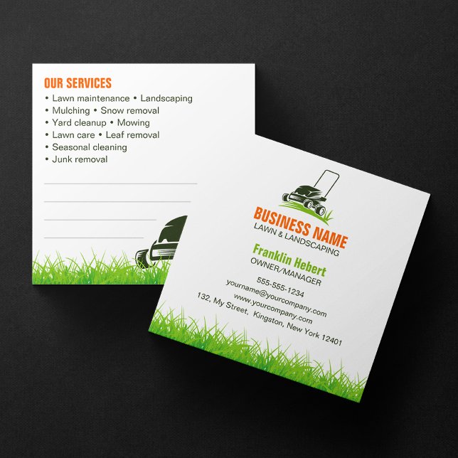 Carte De Visite Carré Professionnel Green Orange Lawcare Landscaping Mow (Créateur téléchargé)