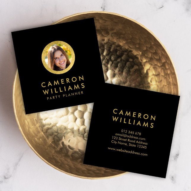 Carte De Visite Carré Profil élégant Photo moderne Noir et Faux Or (Créateur téléchargé)