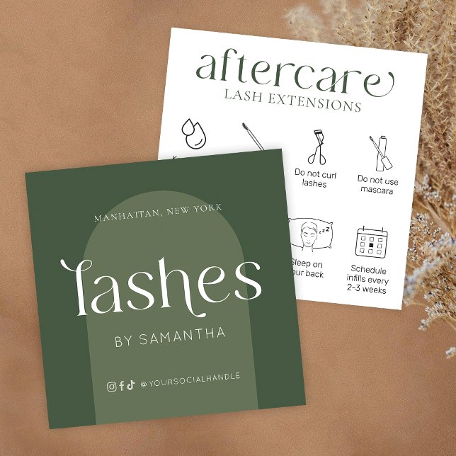Carte De Visite Carré Prolongations Lash Après-soins Moderne Boho Sage G (Lash extensions after care cards in boho sage green with care icons & trendy fonts)