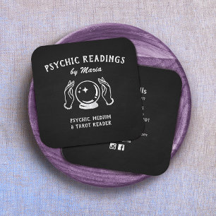 Carte De Visite Carré Psychique Moyen Crystal Ball et Mains Noir