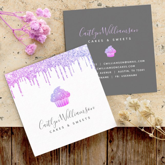 Carte De Visite Carré Purple Cupcake Parties scintillant Drivers Pâtisse (Créateur téléchargé)