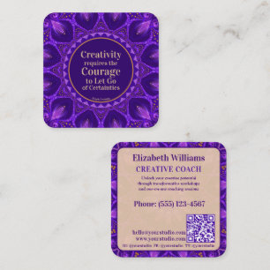 Carte De Visite Carré Purple Gold Mandala Creative Coach avec code QR