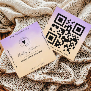 Carte De Visite Carré Purple & Peach Dreamy QR Code & mignon Logo Modern