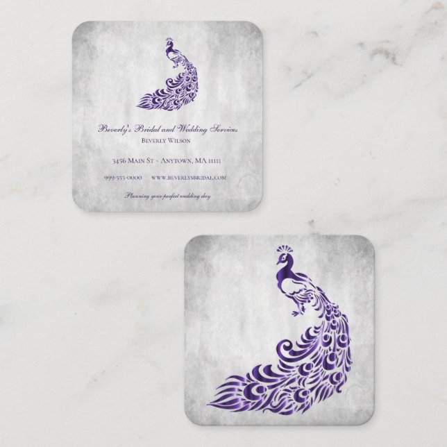 Carte De Visite Carré Purple Peacock Mariage et services nuptiaux (Devant / Derrière)