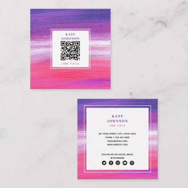 Carte De Visite Carré Purple rose peint Abstrait QR Code Social Media (Devant / Derrière)