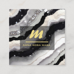 Carte De Visite Carré *~* QR Agate Black White Gold Parties scintillant