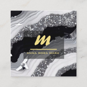 Carte De Visite Carré *~* QR Agate Black White Gold Parties scintillant