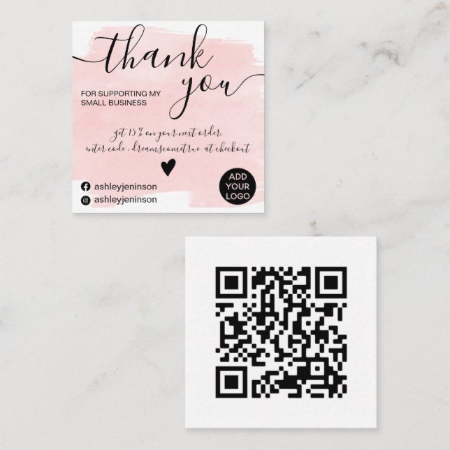 Carte De Visite Carré Qr brushstroke aquarelle rose ordre merci (Devant / Derrière)