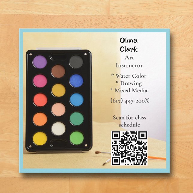 Carte De Visite Carré QR Code Blue Artist Tutor Educator Art teacher  (Blue Art Business Card )