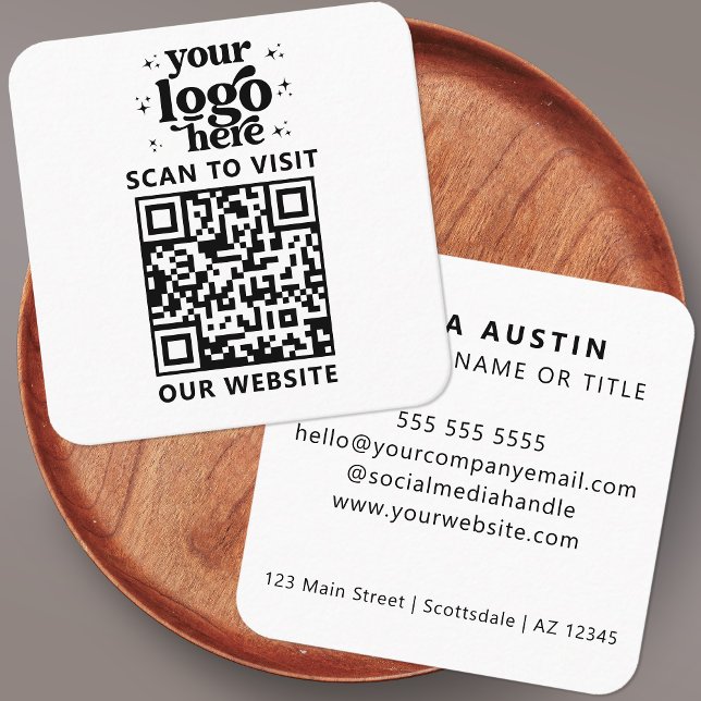 Carte De Visite Carré QR Code Business Logo Professionnel Moderne Blanc (Créateur téléchargé)