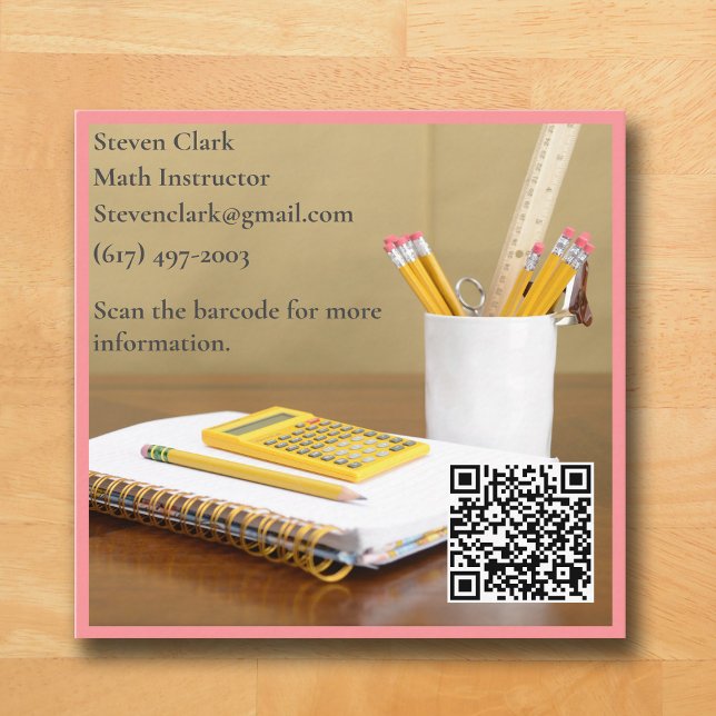 Carte De Visite Carré QR Code Calculator Pink Tutor Math Teacher  (Pink Business Card for Math Teacher )