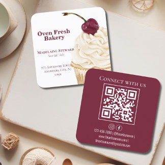 Carte De Visite Carré QR Code Maroon White Cupcake Bakery Carré