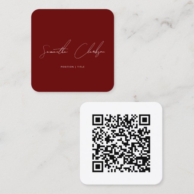 Carte De Visite Carré QR Code Minimalist Burgundy Handwritten Script (Devant / Derrière)