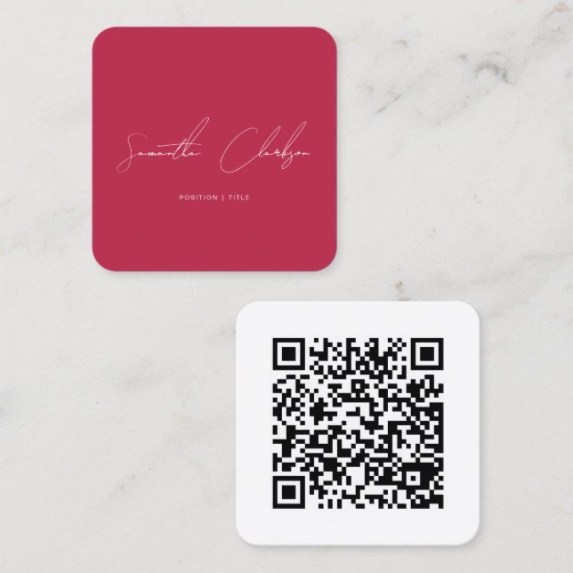 Carte De Visite Carré QR Code Modern Hot Pink & White Handwritten Script (Devant / Derrière)