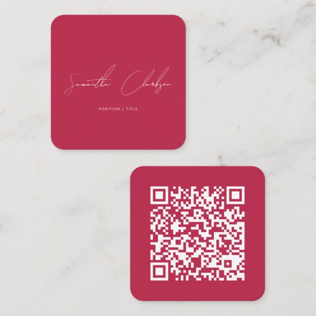 Carte De Visite Carré QR Code Modern Magenta Hot Pink Handwritten Script (Devant / Derrière)