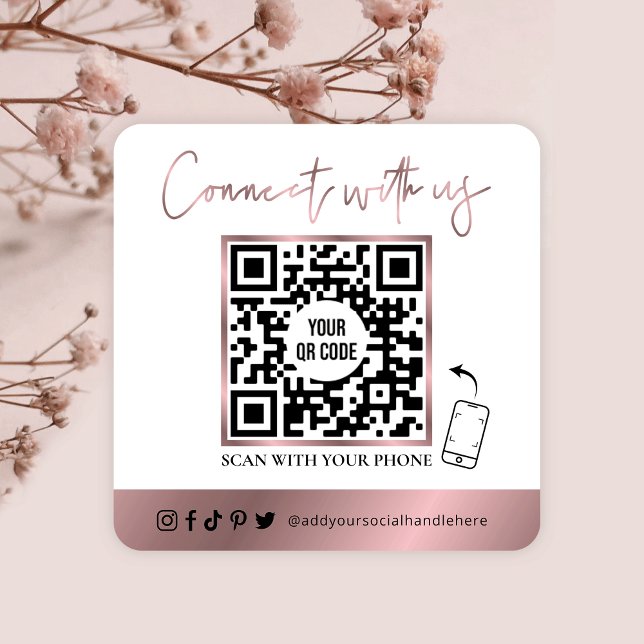 Carte De Visite Carré QR Code Social Media Glam Rose Gold Logo (Créateur téléchargé)