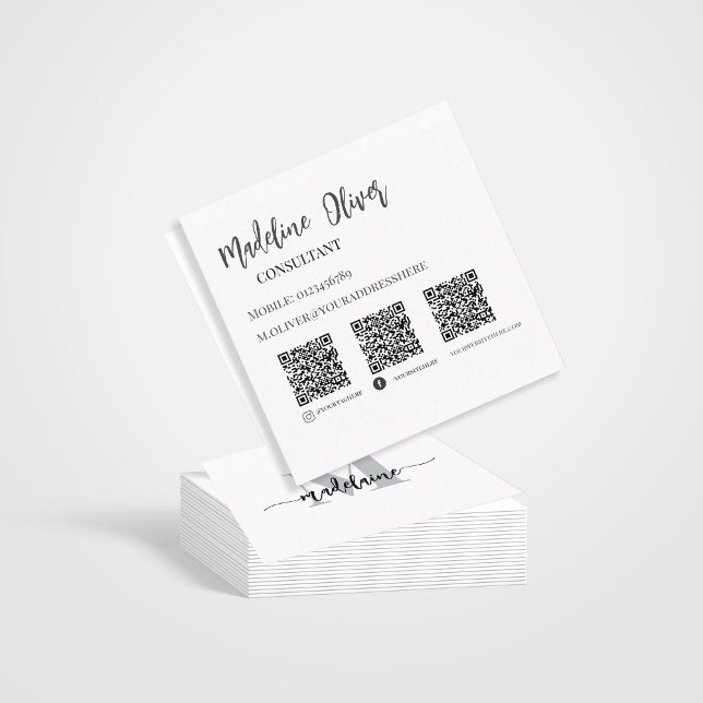 Carte De Visite Carré QR Code Socials Monogramme Noir Blanc Élégant (Créateur téléchargé)