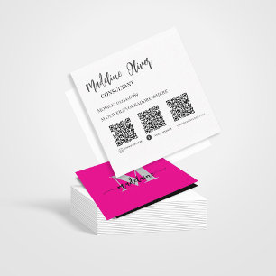 Carte De Visite Carré QR Code Socials Monogramme rose Élégant