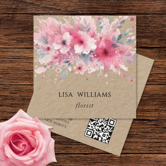 Carte De Visite Carré QR Code | Watercolor Pink Flowers Kraft