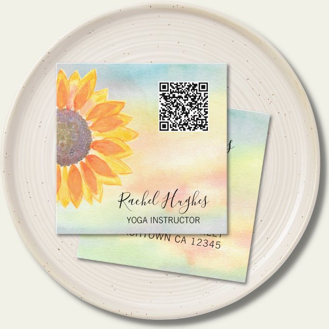 Carte De Visite Carré QR Code Yoga Instructeur Tournesol Aquarelle (Créateur téléchargé)