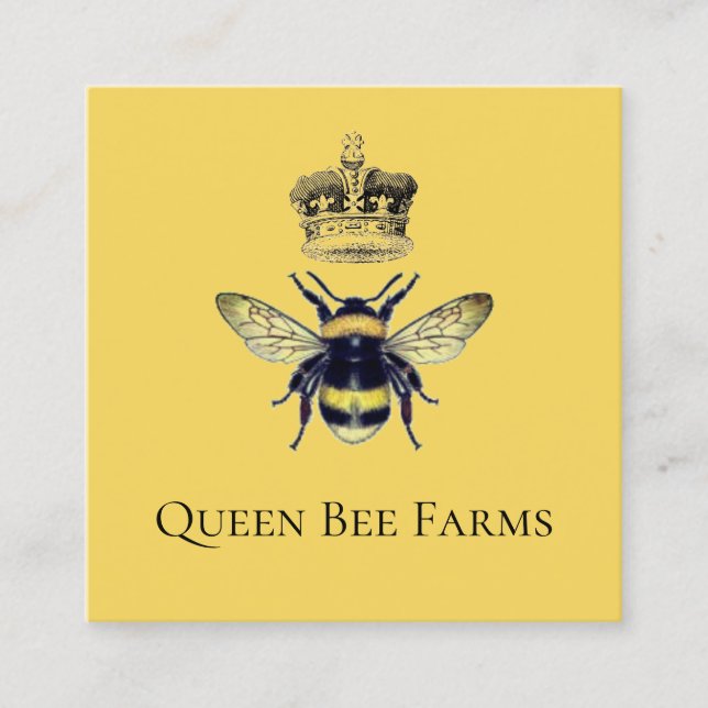 Carte De Visite Carré Queen Bee Crown Farm Apiary Jaune Or (Devant)