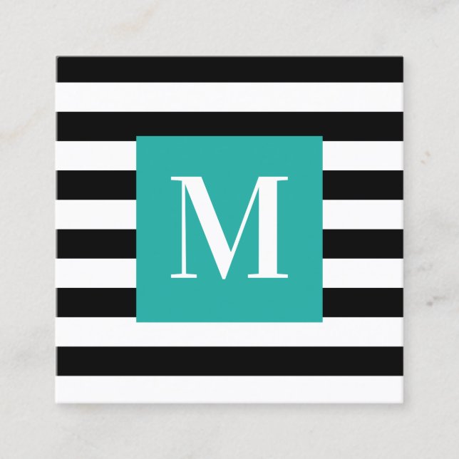 Carte De Visite Carré Rayure Noir et Blanc Monogramme Turquoise (Devant)