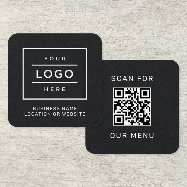 Carte De Visite Carré Rechercher notre menu Black Custom QR Code et logo (Créateur téléchargé)