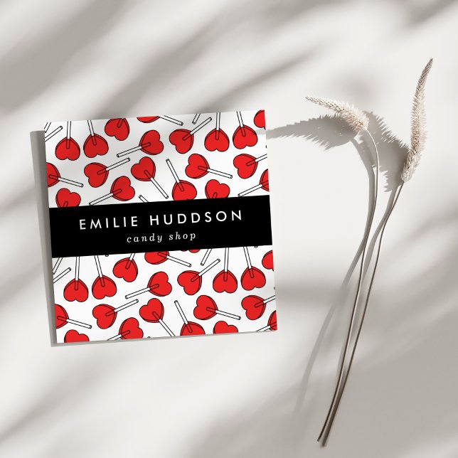Carte De Visite Carré Red Lollipops, Heart Lollipops, Lolly, Candy Shop (Créateur téléchargé)