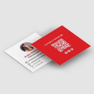 Carte De Visite Carré Red Modern QR Code Social Media Photo
