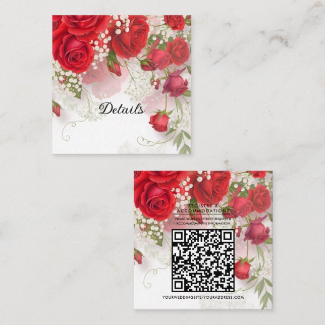 Carte De Visite Carré Red Roses & Babys Breath Floral Wedding Details (Devant / Derrière)