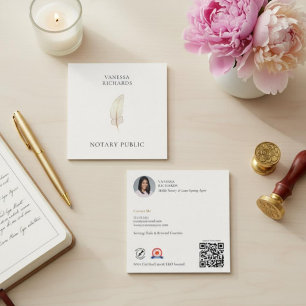 Carte De Visite Carré Refined Beige Or Plume Chic Notaire Photo QR