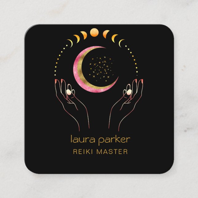 Carte De Visite Carré Reiki Yoga Healing Hands Crescent Lune Phases (Devant)