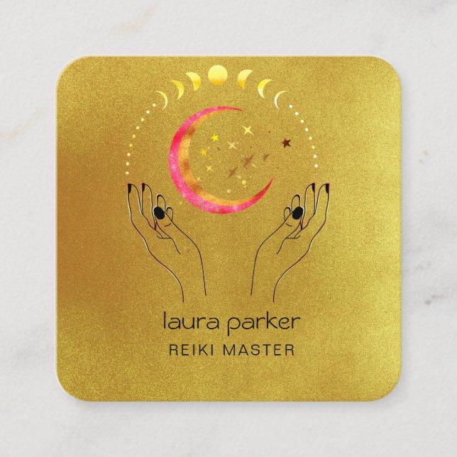 Carte De Visite Carré Reiki Yoga Healing Hands Crescent Lune Phases (Devant)