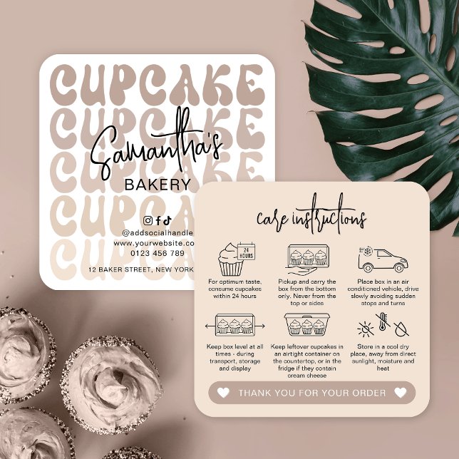 Carte De Visite Carré Retro Beige tendance Logo Cupcakes Instructions de (Modern cupcake care instructions cards in beige & white, featuring retro fonts and care icons)
