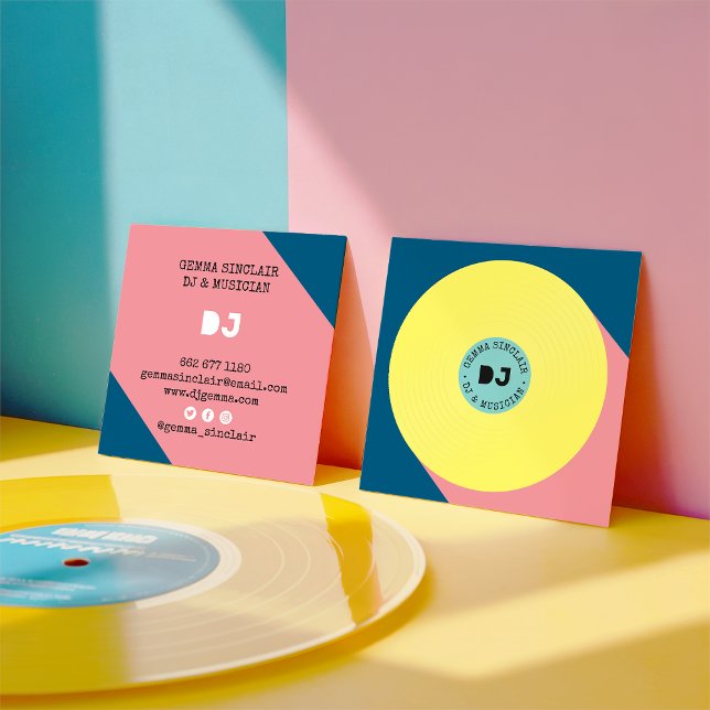 Carte De Visite Carré Retro bleu jaune moderne musique dj vinyle musicie (Retro blue yellow modern music dj vinyl musician)