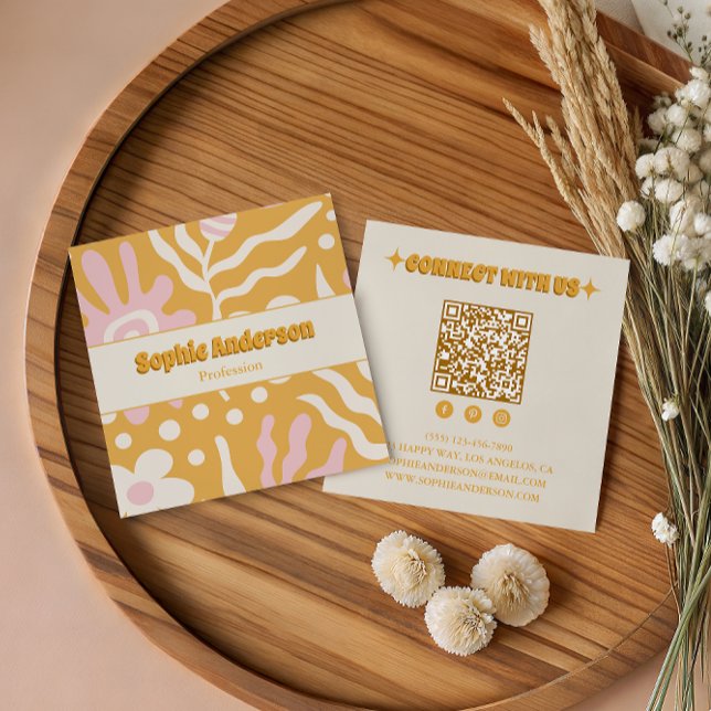 Carte De Visite Carré Rétro Boho Abstrait Code QR Réseaux Sociaux (Créateur téléchargé)