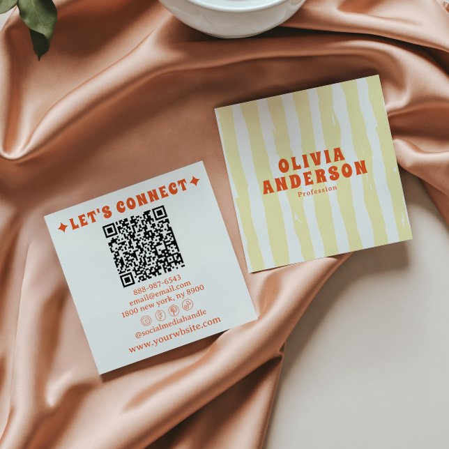 Carte De Visite Carré Retro Bold 70's Boho Super Funky Code QR tendance (Créateur téléchargé)