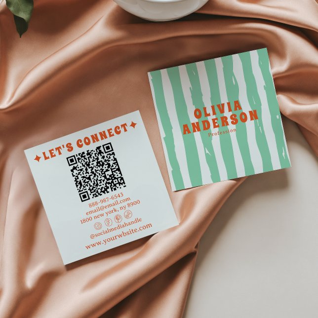 Carte De Visite Carré Retro Bold Green Boho Super tendance unique QR Cod (Créateur téléchargé)