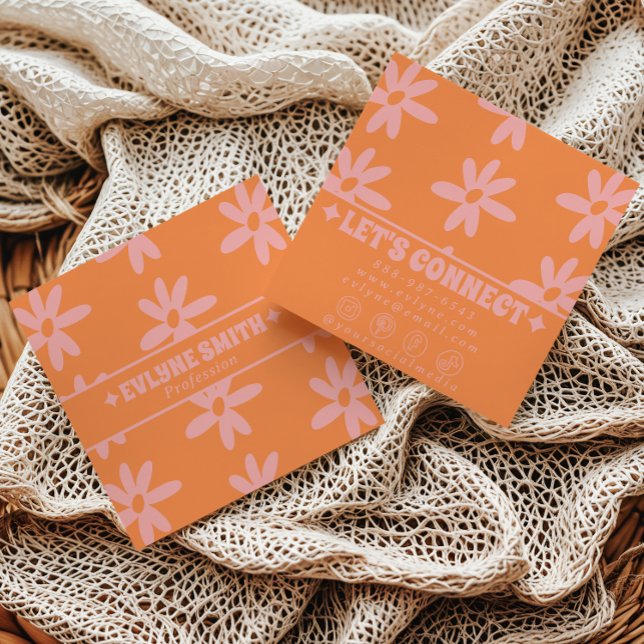 Carte De Visite Carré Retro Bold Pink Orange Groovy Floral Girly Funky (Créateur téléchargé)