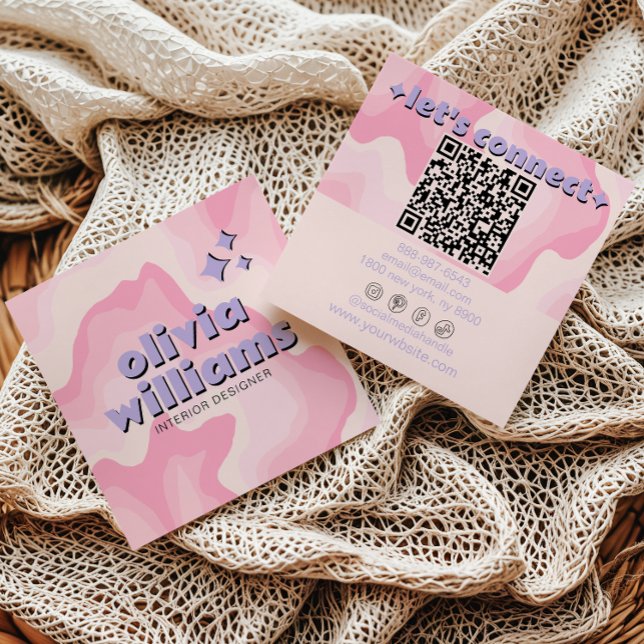 Carte De Visite Carré Retro Bold Pink Purple QR Code Groovy Girly Trendy (Créateur téléchargé)