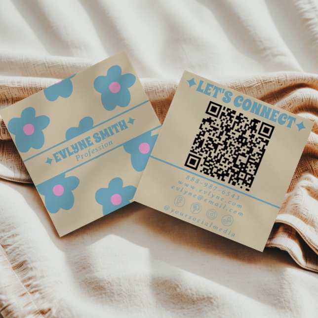 Carte De Visite Carré Retro Cream Blue QR Code Groovy Floral Fun Boho (Créateur téléchargé)