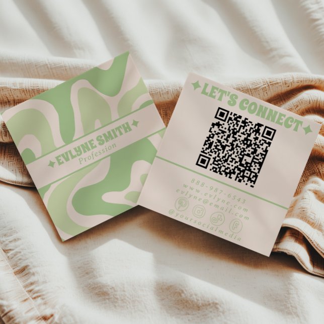 Carte De Visite Carré Retro Green QR Code 70s Boho Groovy Unique Trendy (Créateur téléchargé)