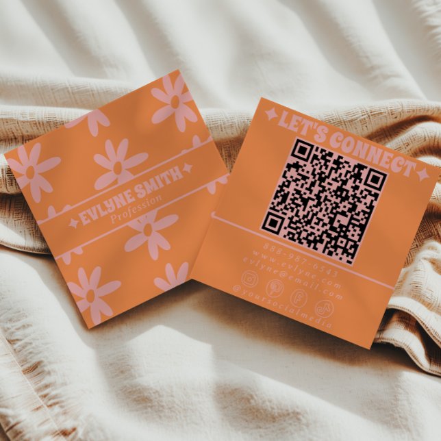 Carte De Visite Carré Retro Pink Orange QR Code Groovy Floral Girly  (Créateur téléchargé)
