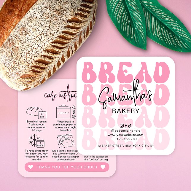 Carte De Visite Carré Retro Pink tendance Pain Instructions de soins Pai (Retro pink groovy sourdough bread care cards with icons, trendy fonts in pink colors)