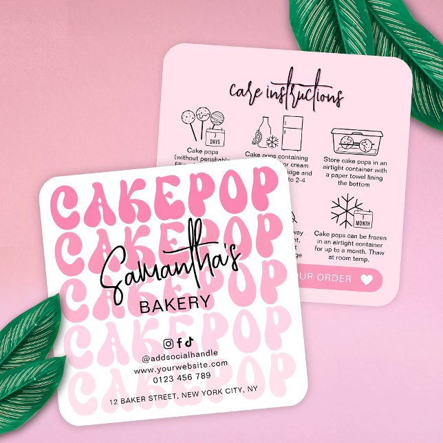 Carte De Visite Carré Retro Pink Trendy Cake Pops Care Instructions Card (Trendy pink cake pops storage instructions guide cards featuring retro fonts and modern layout)