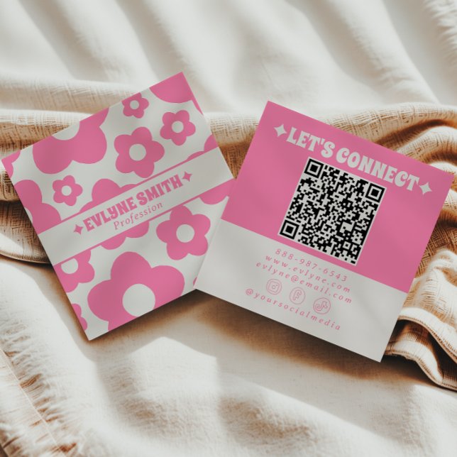 Carte De Visite Carré Retro QR Code Pink Groovy Floral Boho Girly Trendy (Créateur téléchargé)