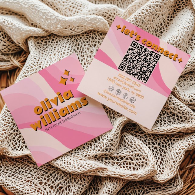 Carte De Visite Carré Retro Soft Pink Orange QR Code Groovy Girly Trendy (Créateur téléchargé)