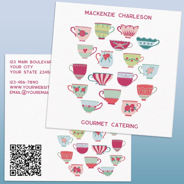 Carte De Visite Carré Retro Tea Cup Restauration Boulangerie Café QR Cod (Retro tea cup QR code cafe bakery catering business code with custom text)