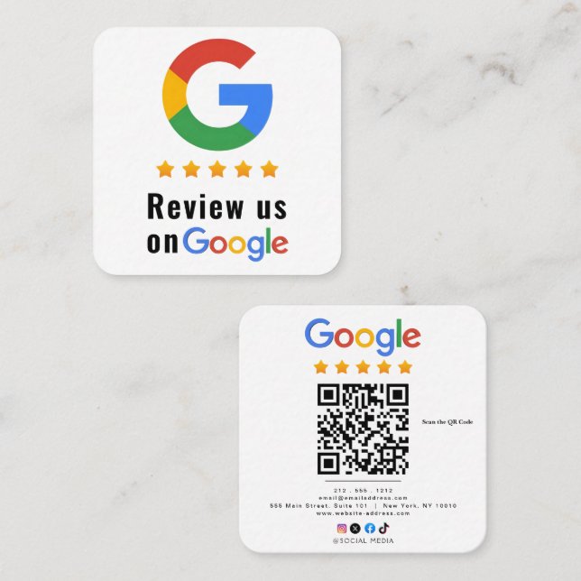 Carte De Visite Carré Review Google Review QR Code Google Ratings (Devant / Derrière)